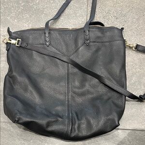 Black Leather Tote Bag with Crossbody Strap